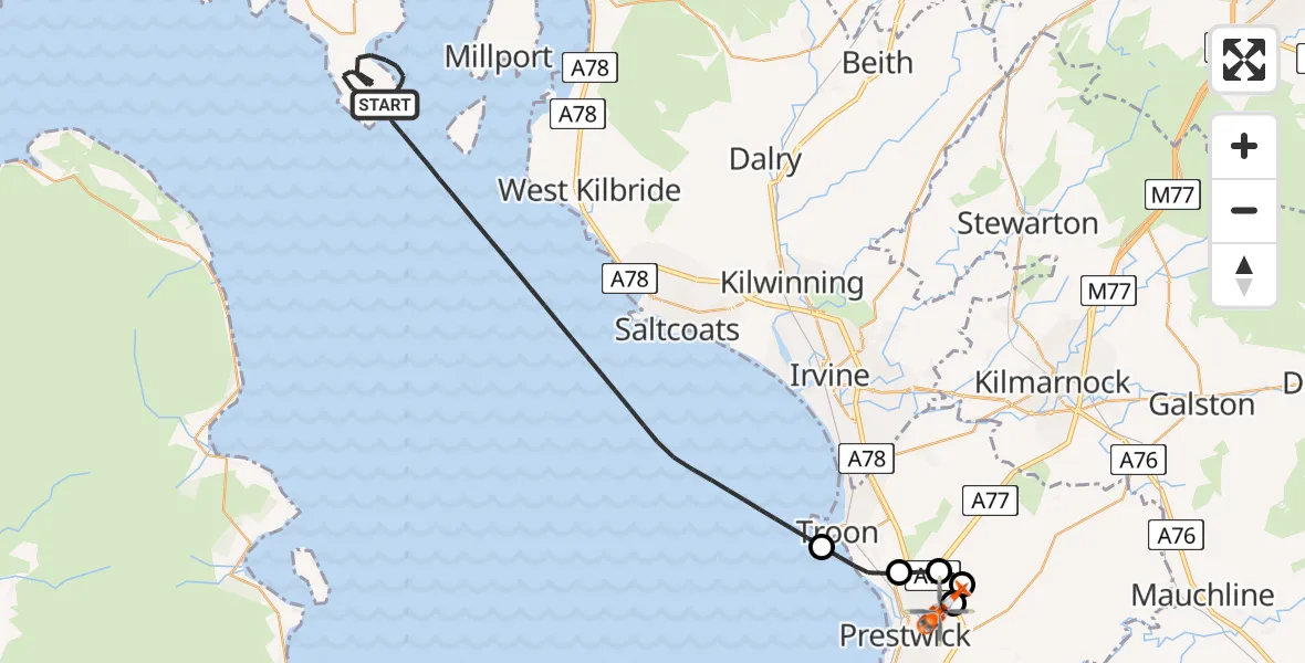 Flight path map showing Coastguard Helicopter route from Inner Seas to Glasgow Prestwick Airport