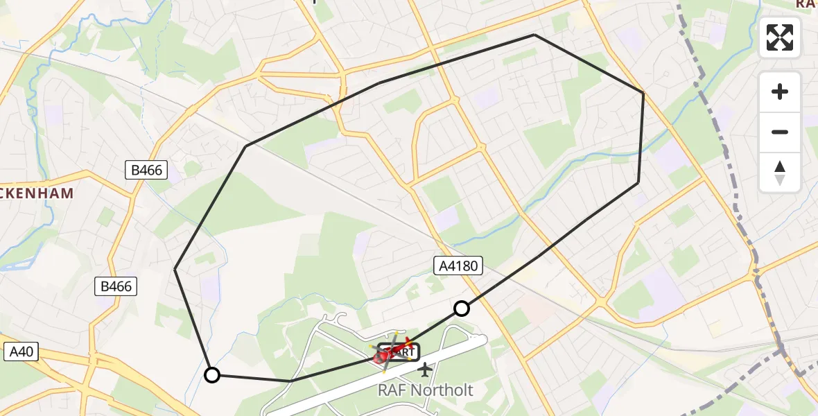 Flight path map showing Air Ambulance Helicopter route from RAF Northolt to RAF Northolt