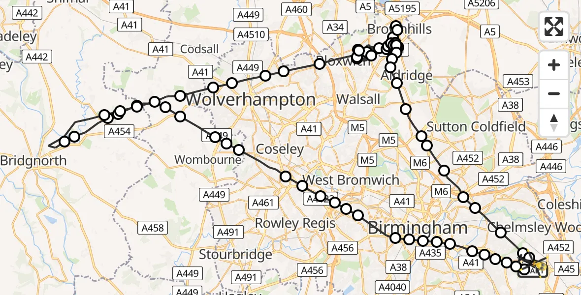 Flight route Police Helicopter Birmingham Airport - Birmingham Airport, 16 March 2026, 19:52