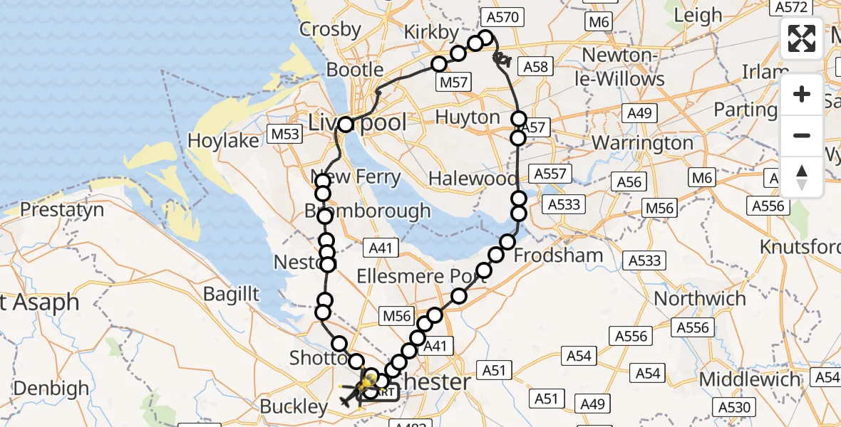 Flight path map showing Police Helicopter route from Hawarden Airport to Broughton