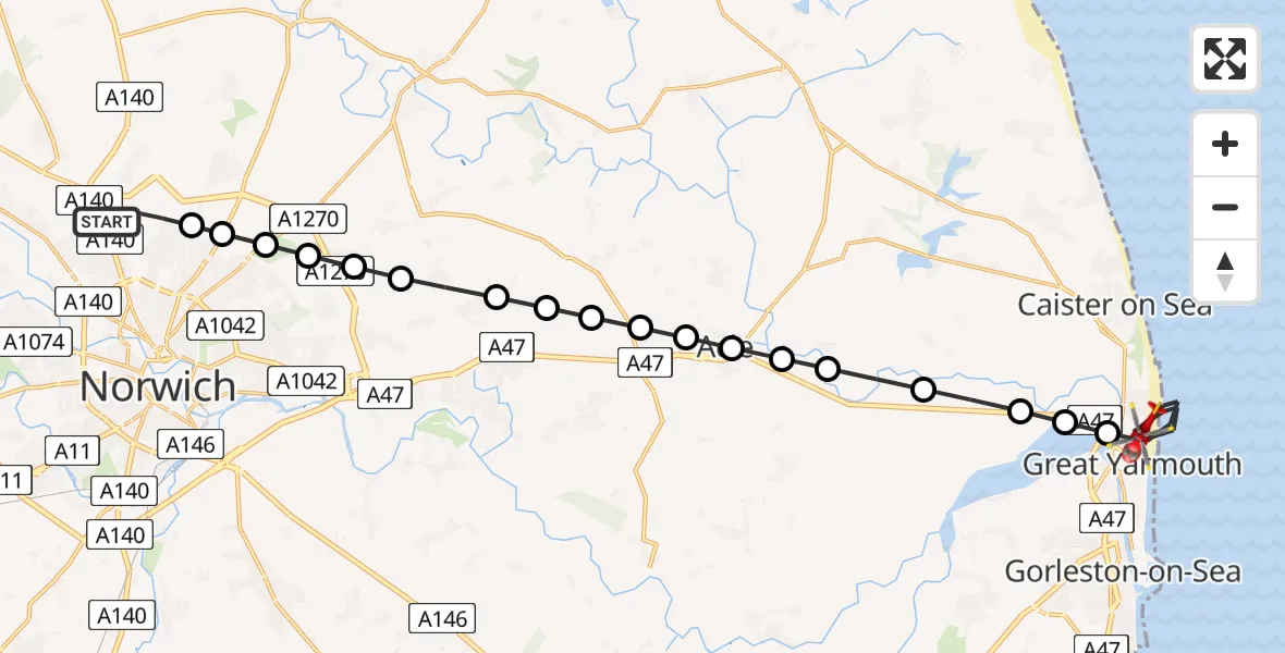 Flight path map showing Air Ambulance Helicopter route from Norwich Airport to Great Yarmouth