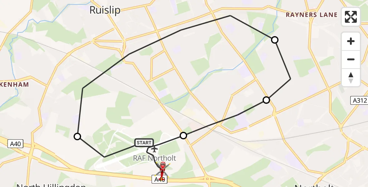 Flight path map showing Air Ambulance Helicopter route from RAF Northolt to RAF Northolt