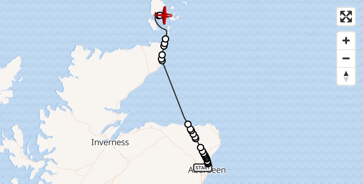 Flight path map showing Air Ambulance Aircraft route from Aberdeen City to Kirbister