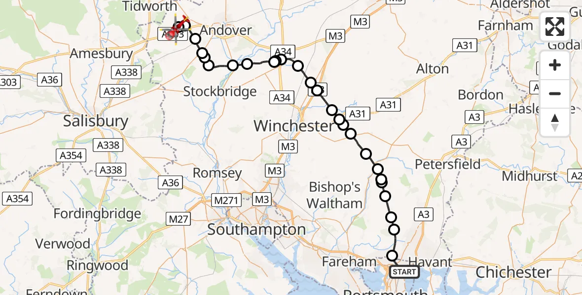 Flight path map showing Air Ambulance Helicopter route from Portsmouth to Thruxton Aerodrome