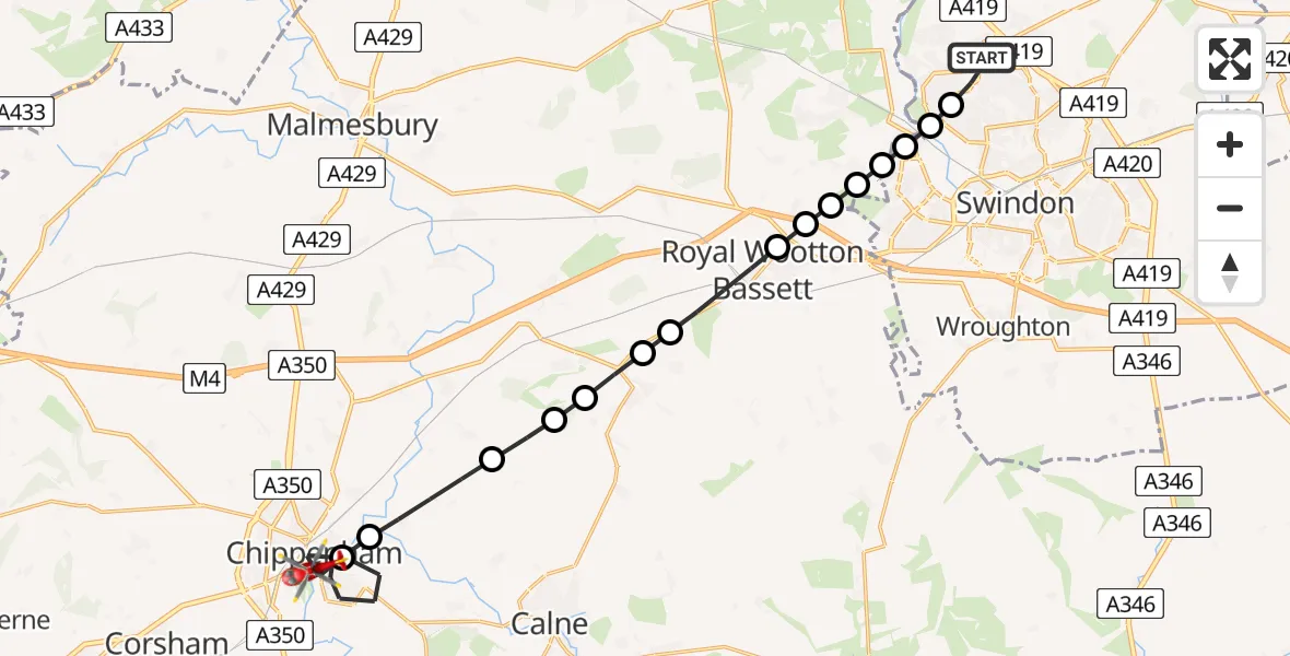 Routekaart van de vlucht: Air Ambulance Helicopter to Chippenham, Westmead Lane