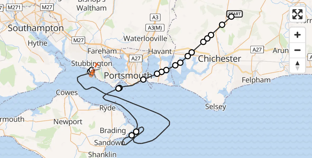 Flight path map showing Coastguard Helicopter route from Chichester to Solent Airport