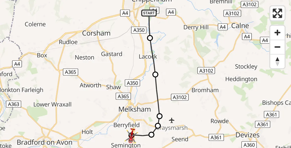 Flight path map showing Air Ambulance Helicopter route from Chippenham to Wiltshire Air Ambulance