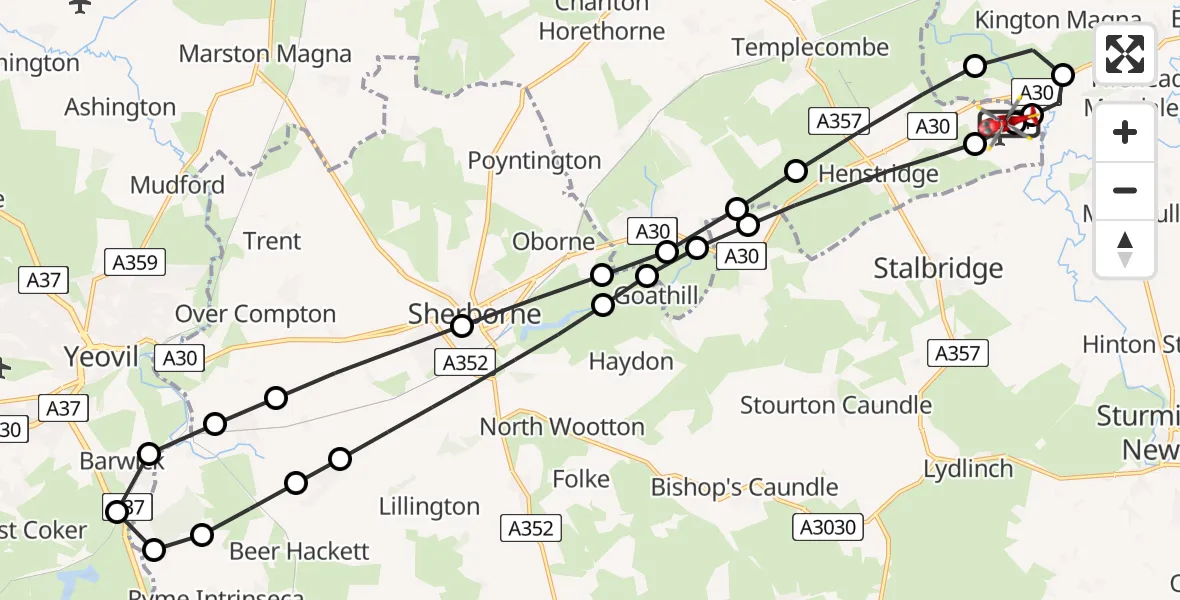 Flight path map showing Air Ambulance Helicopter route from Henstridge Airfield to Henstridge Airfield