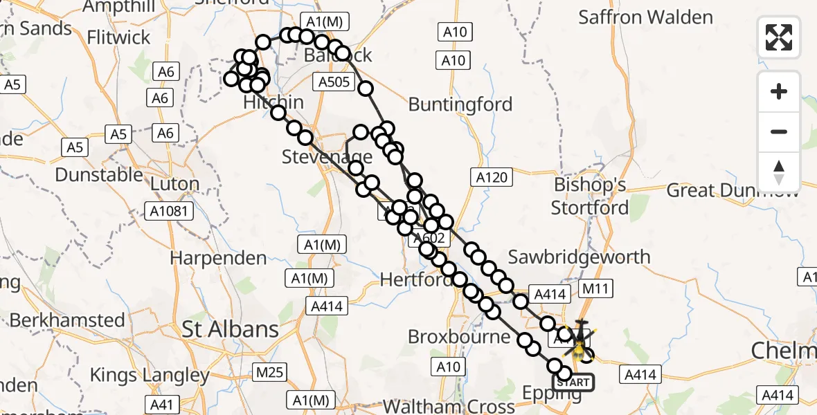 Flight path map showing Police Helicopter route from Coopersale to North Weald Bassett