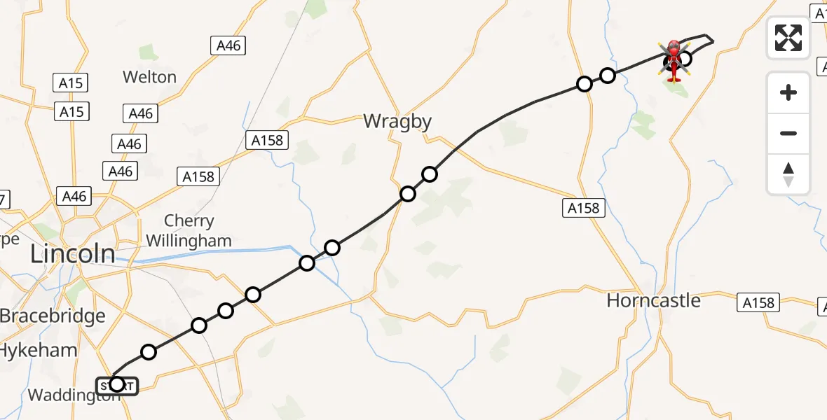 Flight path map showing Air Ambulance Helicopter route from RAF Waddington to East Lindsey