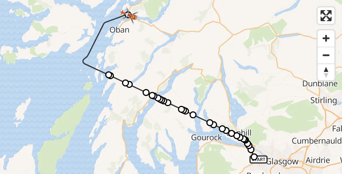 Flight path map showing Coastguard Helicopter route from Glasgow Airport to Benderloch