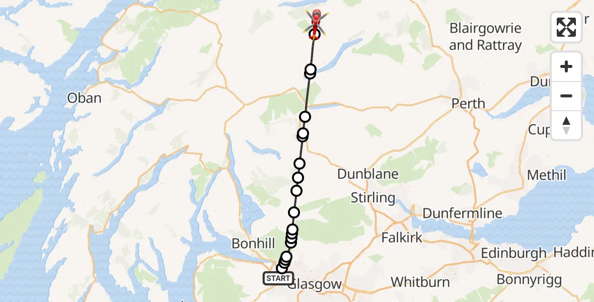 Flight path map showing Air Ambulance Helicopter route from Inchinnan to Camusvrachan