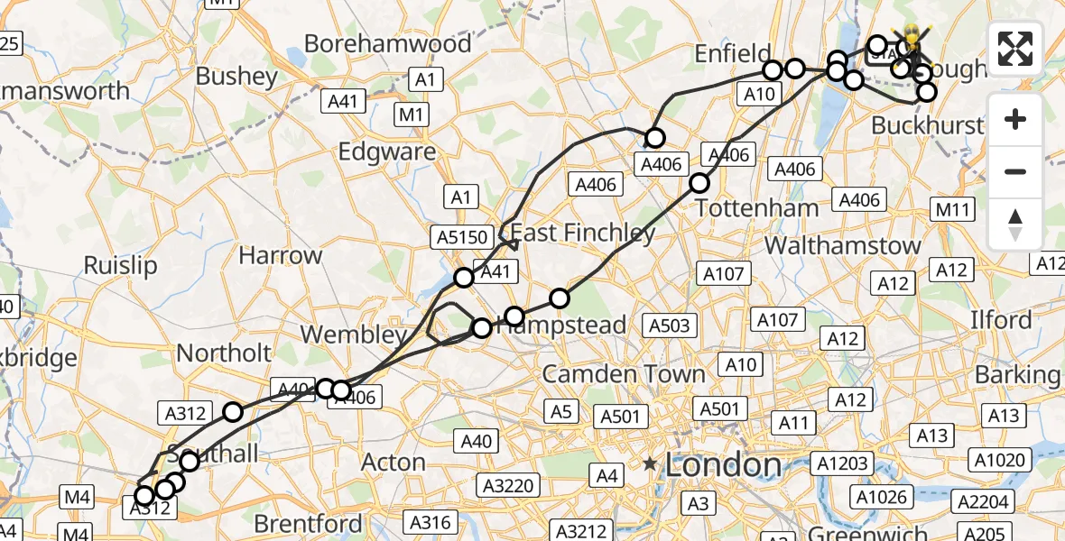 Flight path map showing Police Helicopter route from Sewardstonebury to Sewardstonebury