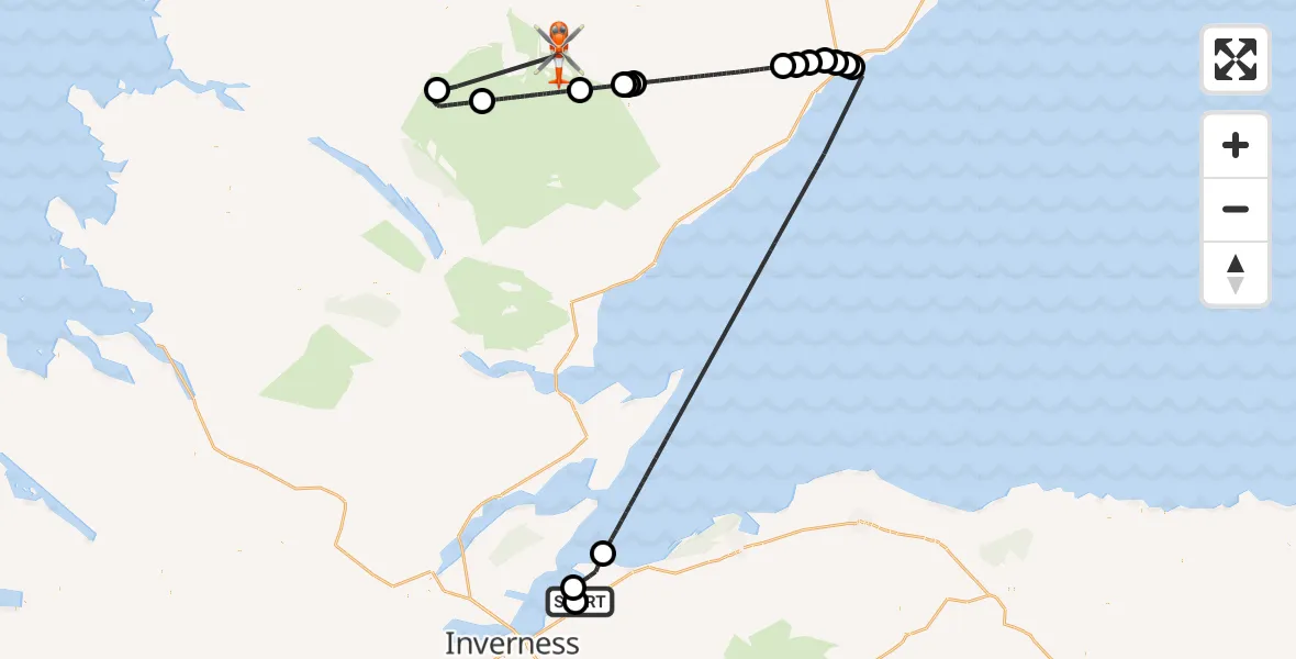 Flight path map showing Coastguard Helicopter route from Inverness Airport to Altnaharra