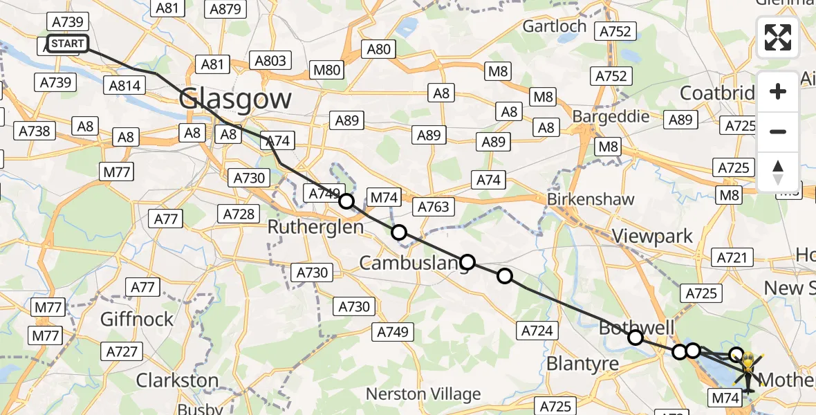 Flight path map showing Police Helicopter route from Glasgow to Motherwell