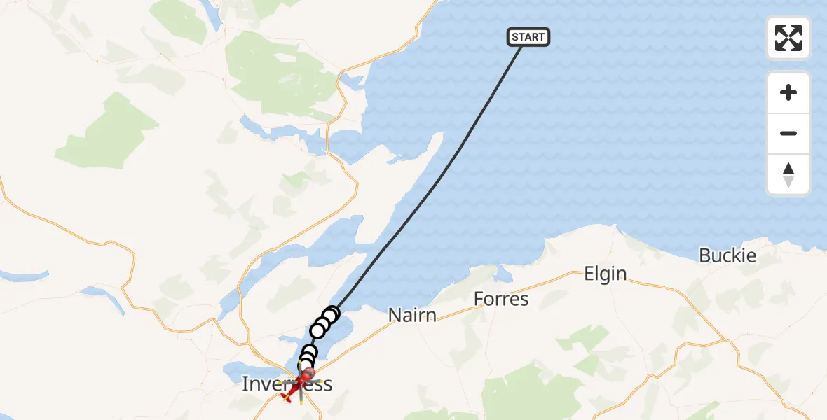 Flight path map showing Air Ambulance Helicopter route from North Sea to Inverness
