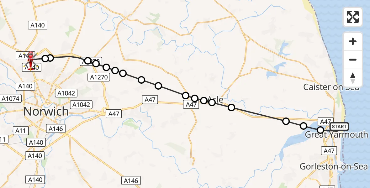 Flight path map showing Air Ambulance Helicopter route from Great Yarmouth to Norwich Airport