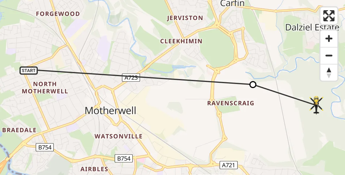 Flight path map showing Police Helicopter route from Motherwell to Dalziel Estate