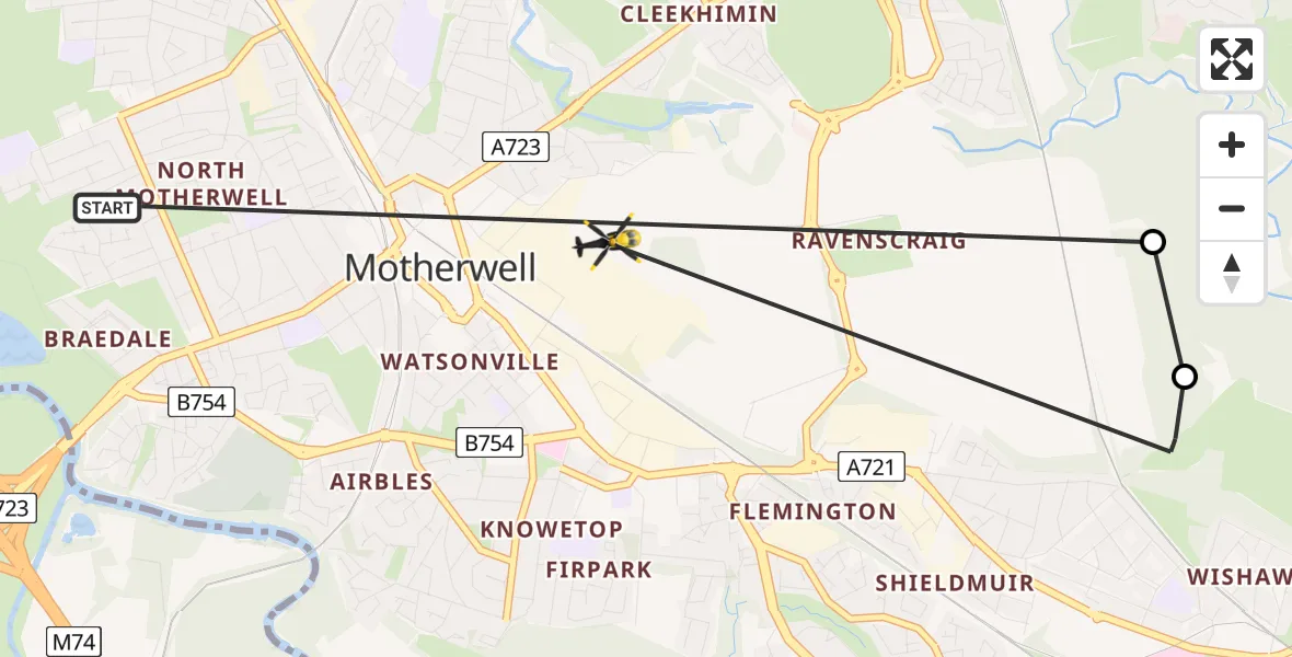 Flight path map showing Police Helicopter route from Motherwell to Motherwell