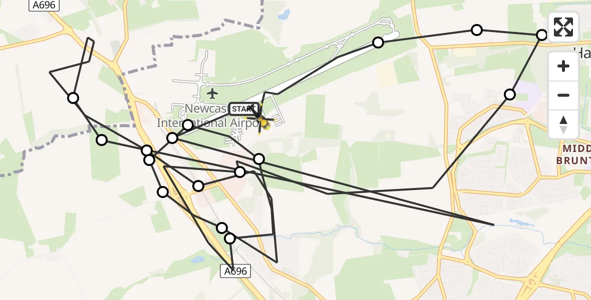 Flight path map showing Police Helicopter route from Newcastle International Airport to Newcastle International Airport