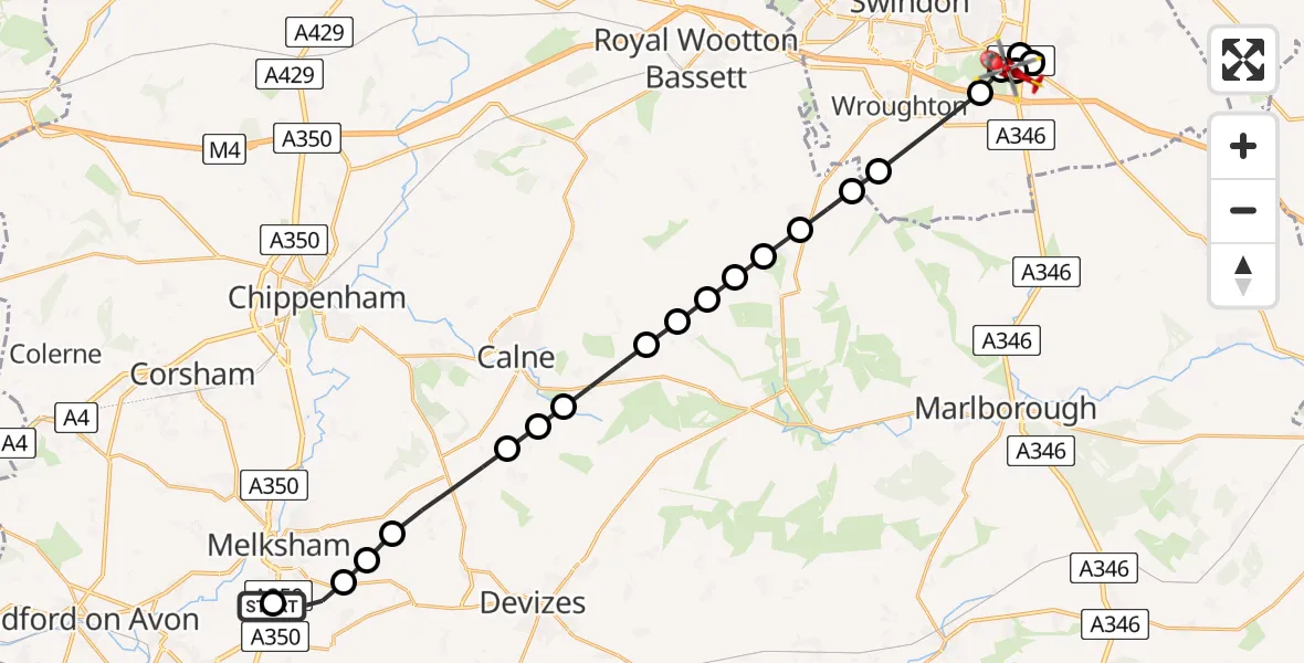 Flight path map showing Air Ambulance Helicopter route from Wiltshire Air Ambulance to Great Western Hospital