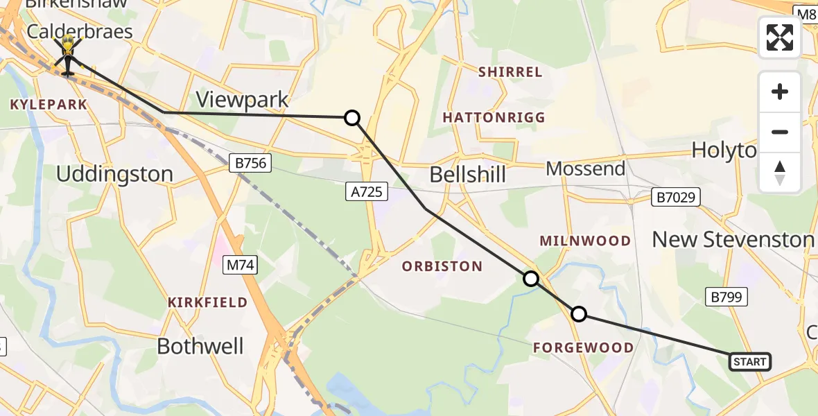 Flight path map showing Police Helicopter route from New Stevenston to Calderbraes