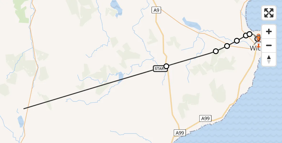 Flight path map showing Coastguard Helicopter route from Tacher to Wick John O'Groats Airport