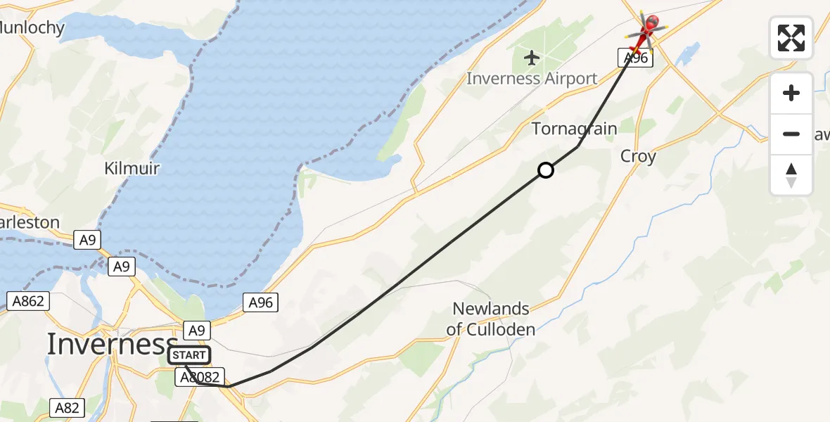 Flight path map showing Air Ambulance Helicopter route from Inverness to Tornagrain