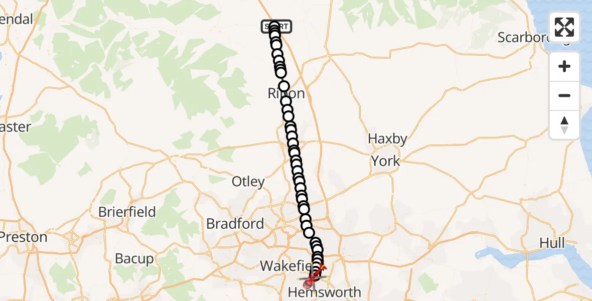 Flight path map showing Air Ambulance Helicopter route from Leeming Bar to YAA Nostell Helicopter Port