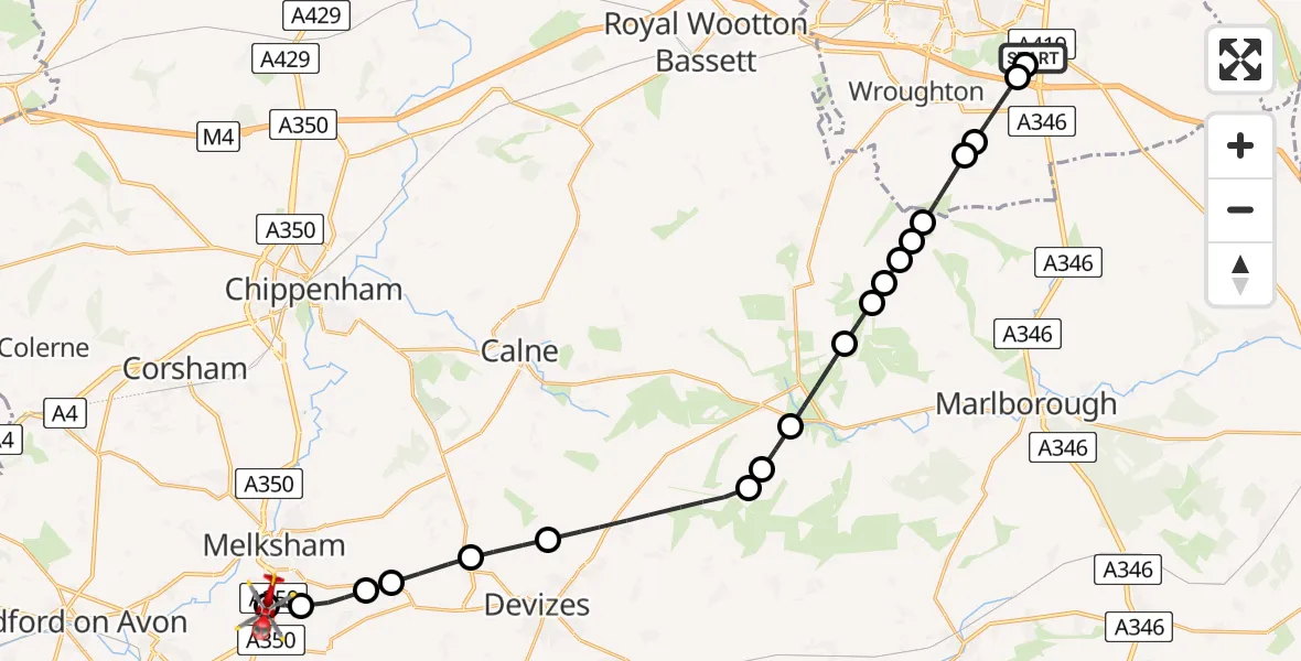 Flight path map showing Air Ambulance Helicopter route from Great Western Hospital to Wiltshire Air Ambulance