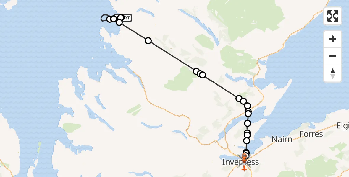 Flight path map showing Coastguard Helicopter route from Strathan to Inverness