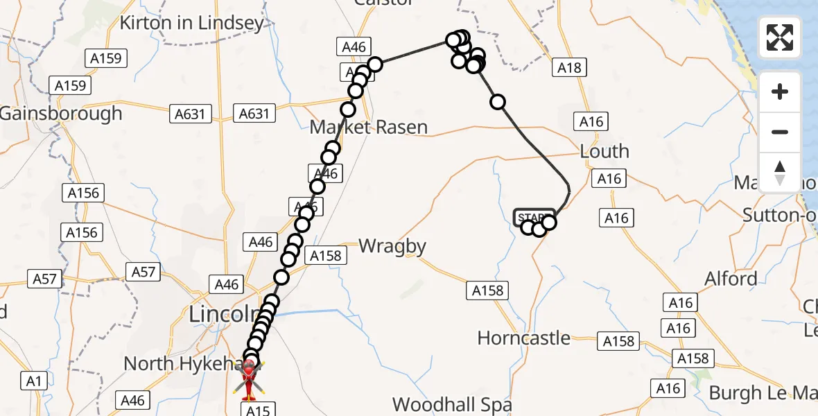 Flight path map showing Air Ambulance Helicopter route from East Lindsey to North Kesteven