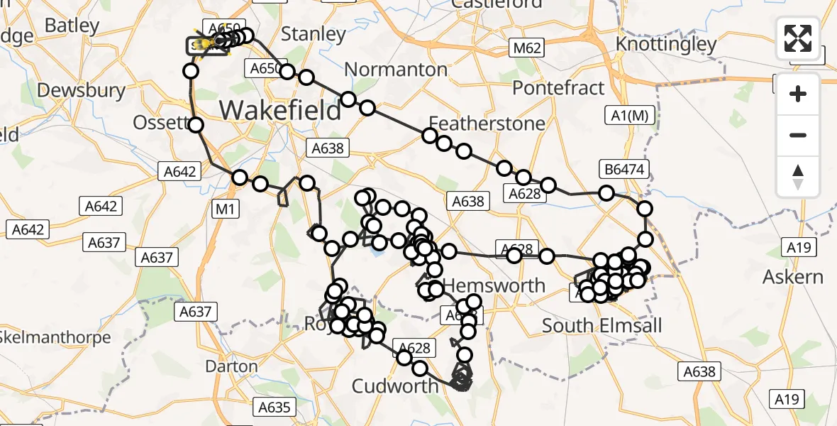 Flight path map showing Police Helicopter route from East Ardsley to East Ardsley