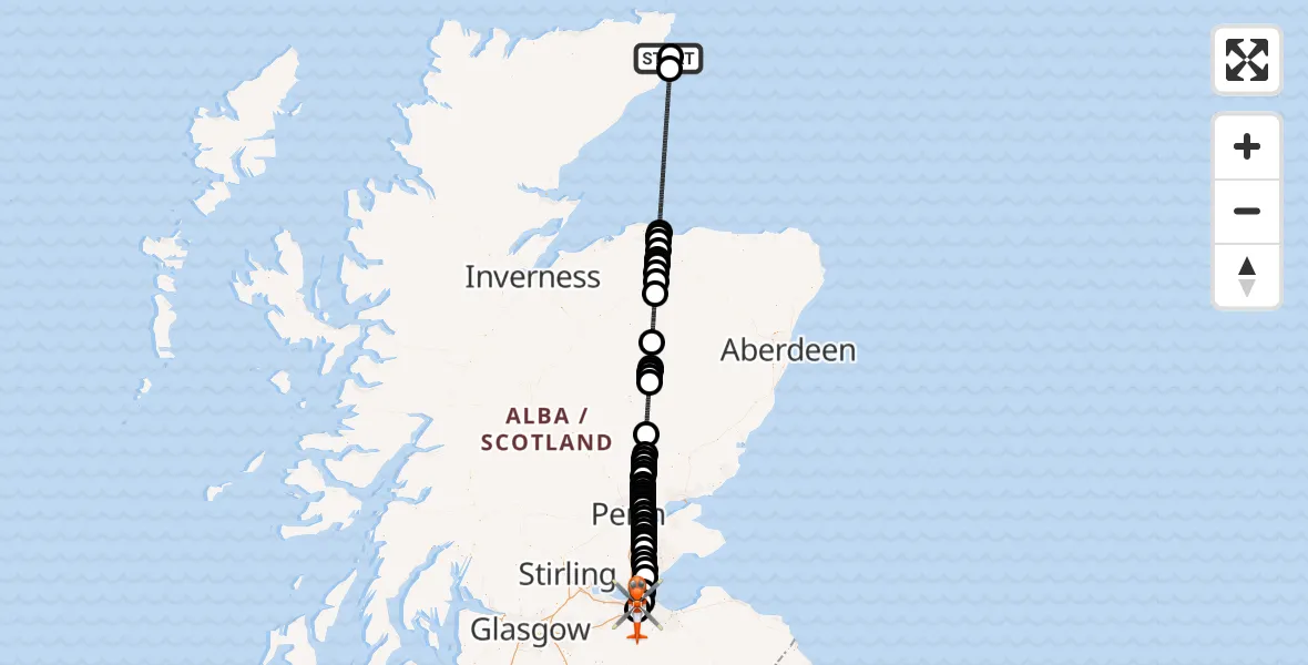 Flight path map showing Coastguard Helicopter route from Wick John O'Groats Airport to Edinburgh Airport