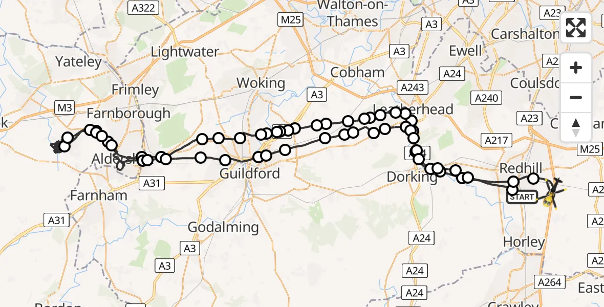 Flight path map showing Police Helicopter route from Salfords to South Nutfield