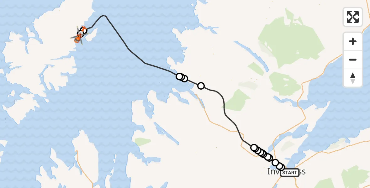 Flight path map showing Coastguard Helicopter route from Inverness to Stornoway Airport