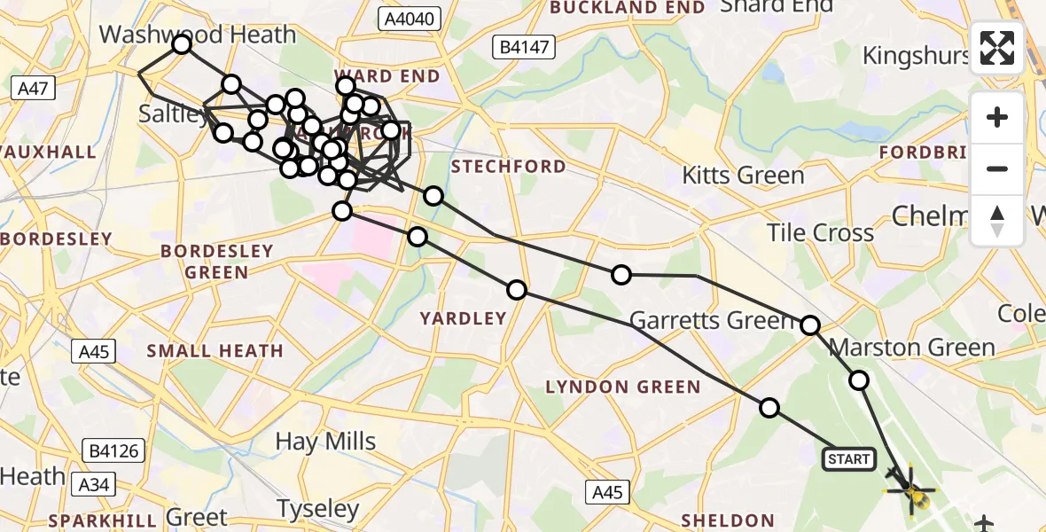 Flight route Police Helicopter Birmingham Airport - Birmingham Airport, 17 March 2026, 00:00