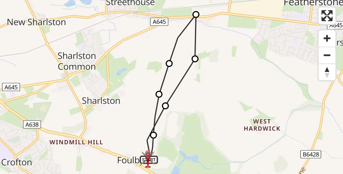 Flight path map showing Air Ambulance Helicopter route from YAA Nostell Helicopter Port to YAA Nostell Helicopter Port