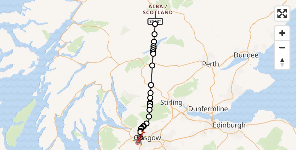 Flight path map showing Air Ambulance Helicopter route from Kinloch Rannoch to Queen Elizabeth Hospital