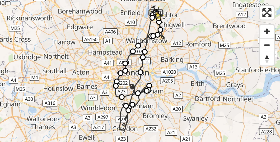 Flight path map showing Police Helicopter route from Metropolitan Police Air Support Unit Lippitts Hill to Metropolitan Police Air Support Unit Lippitts Hill