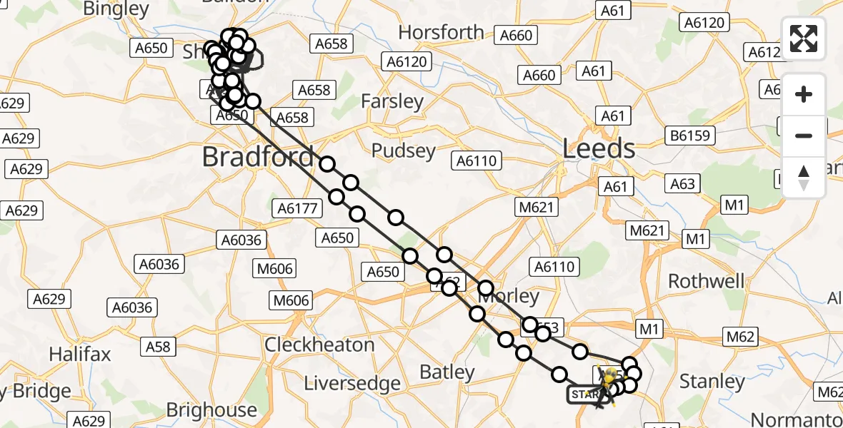 Flight path map showing Police Helicopter route from East Ardsley to East Ardsley