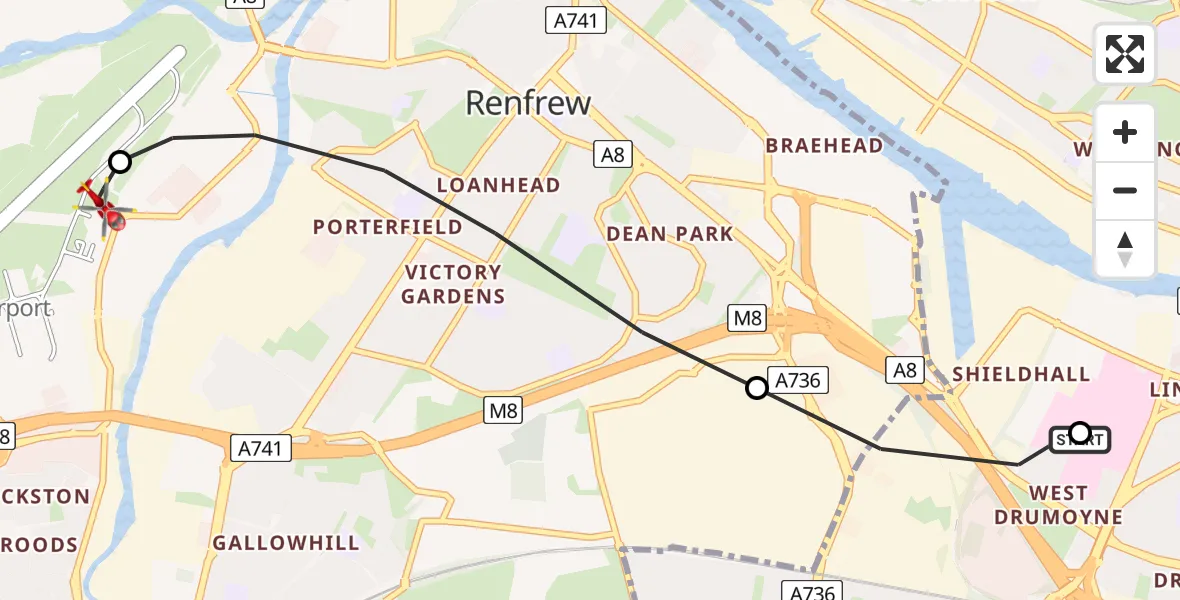 Flight path map showing Air Ambulance Helicopter route from Queen Elizabeth Hospital to Glasgow Airport