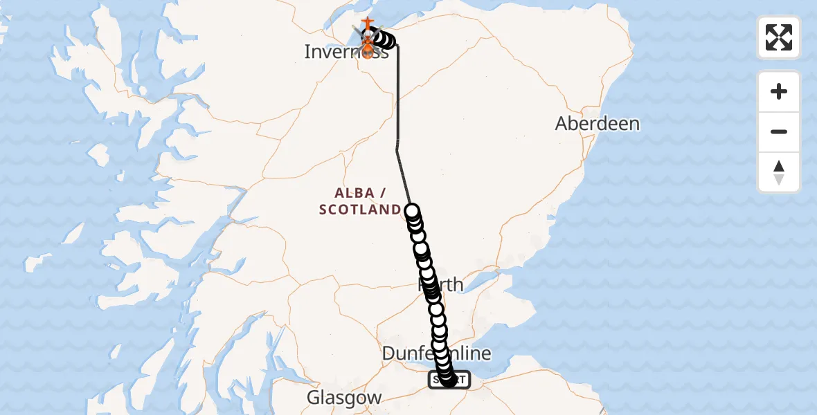 Flight path map showing Coastguard Helicopter route from Edinburgh Airport to Inverness Airport