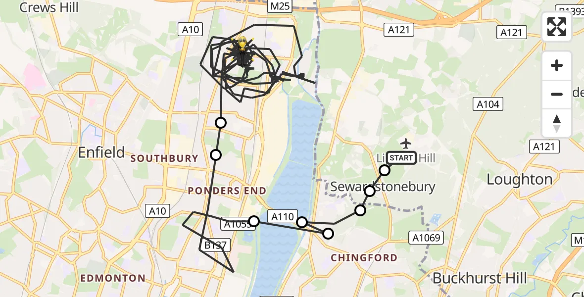 Flight path map showing Police Helicopter route from Metropolitan Police Air Support Unit Lippitts Hill to London Borough of Enfield