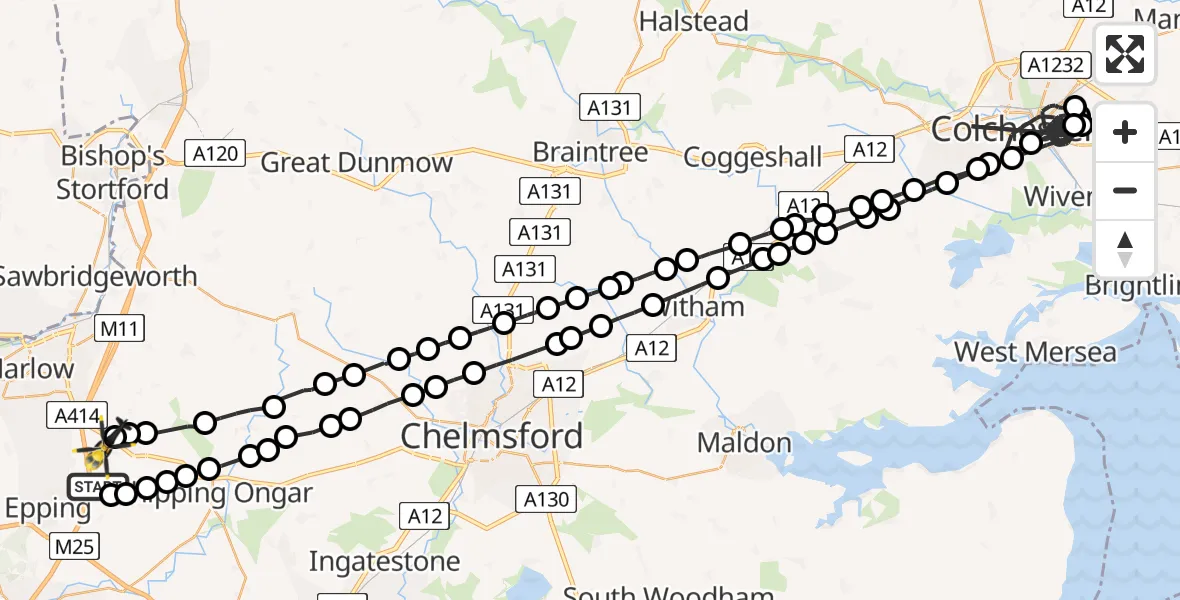 Flight path map showing Police Helicopter route from North Weald Airfield to North Weald Bassett