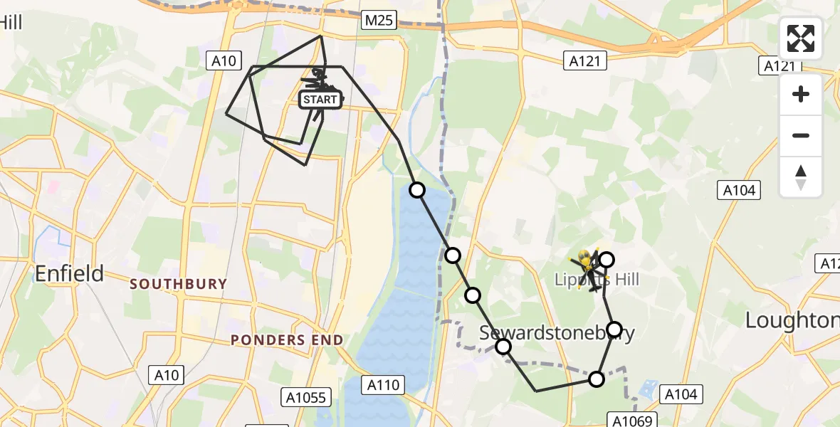 Flight path map showing Police Helicopter route from London Borough of Enfield to Sewardstonebury