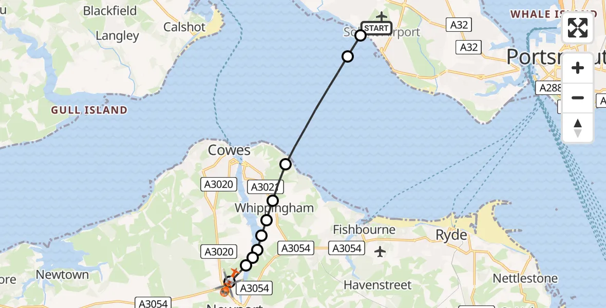 Flight path map showing Coastguard Helicopter route from Solent Airport to St Marys Hospital Isle Of Wight