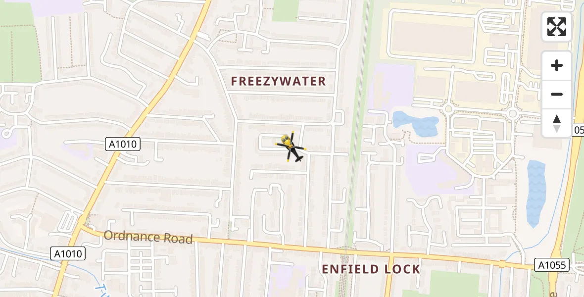 Flight path map showing Police Helicopter route from London Borough of Enfield to London Borough of Enfield