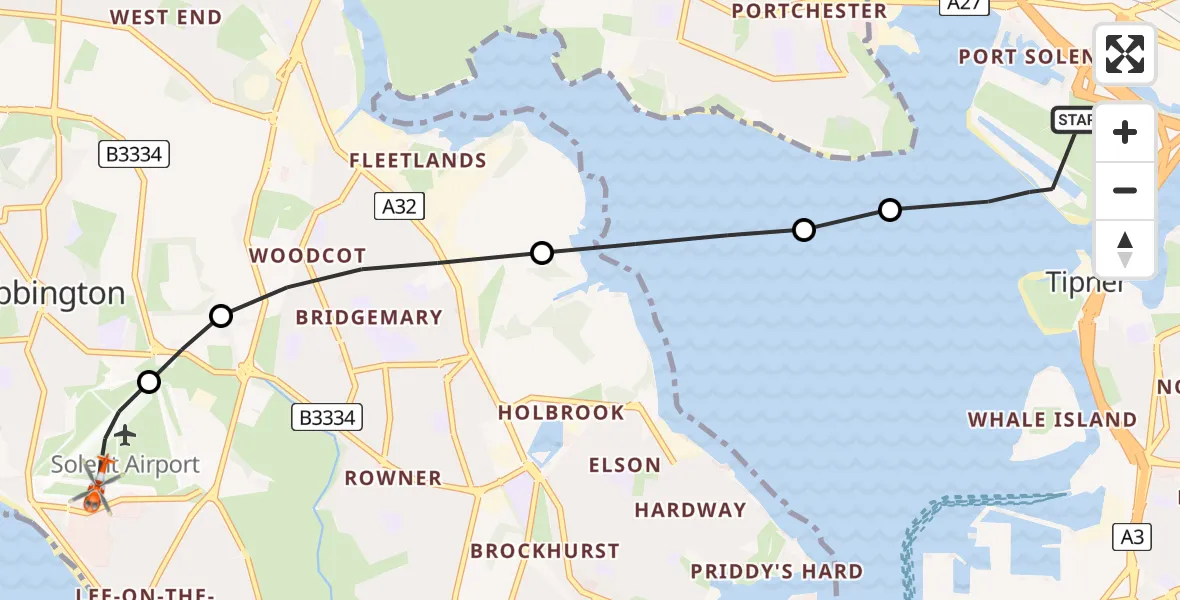 Flight path map showing Coastguard Helicopter route from Tipner to Solent Airport