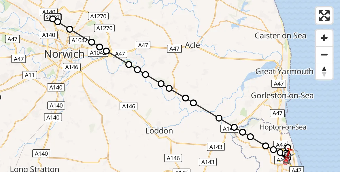 Flight path map showing Air Ambulance Helicopter route from Norwich Airport to Corton